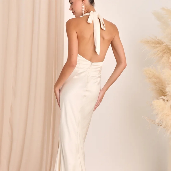 Lulu's Start of Forever Ivory Satin Halter Mermaid Maxi Dress - Picture 2 of 6
